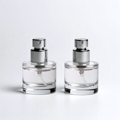 Naklejka premium Elegant Clear Glass Bottles Presenting Modern Perfume Fragrance and Skincare Collection in Minimalist Style for Luxurious Feminine Beauty