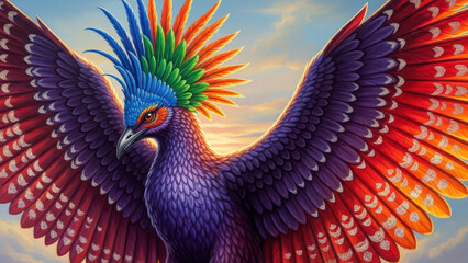 Colorful Bird in Flight Against Sunset Sky