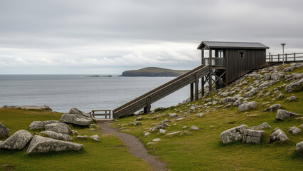 Wooden lookout cabin on grassy coastal hillside