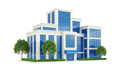 Modern Office Building with Blue Glass and Trees