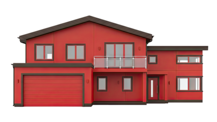 Modern Red Two-Story House with Garage and Balcony