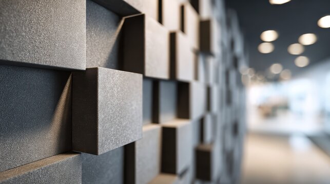 Innovative porous acoustic wall tiles absorbing formaldehyde in modern office interior, sustainable eco-friendly building materials for corporate environmental responsibility concept.