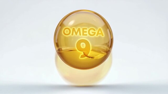 Golden omega 9 liquid swirling inside a glass sphere, health and wellness footage representing nutrition benefits.