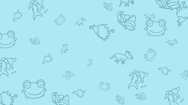 Vivid pattern of frogs, fish, and wildlife on a blue background. Perfect for naturethemed designs, decorations, or childrens products.