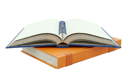 Open Blue Spiral Notebook Lying on Orange Hardcover Book