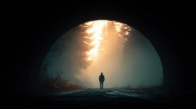 Silhouette of person standing at end of dark tunnel looking towards bright sunlit forest exit. Hope overcoming depression mental health recovery healing breakthrough journey freedom transformation.