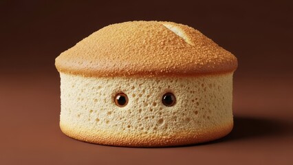 A spongy round cake with brown eyes sits on a brown surface against a matching backdrop