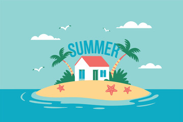 Tropical island scene featuring a cozy house palm trees and a sunny summer vibe