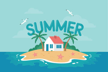 A tropical island illustration with a house palm trees and the word summer