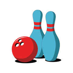 A vibrant illustration depicting a red bowling ball and two blue pins