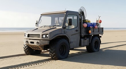 Military truck on sandy beach with equipment loaded, viewed from slightly above, capturing a serene coastal scene