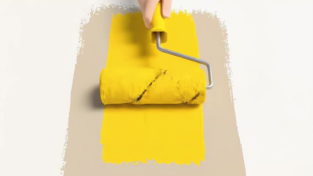 paint Roller Applying Bright Yellow Stripe on Wall Renovation Flat Design