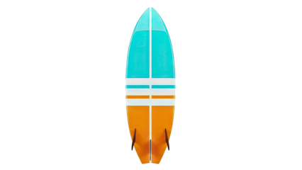 Surfboard with Teal and Orange Stripes and Fins
