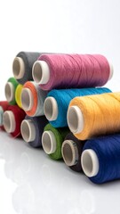 A stack of colorful sewing threads on white background