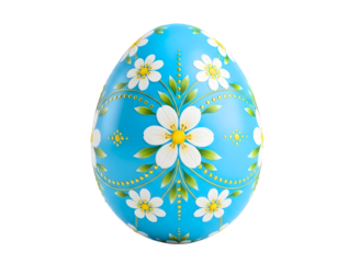 Blue easter egg with daisies isolated on transparent background