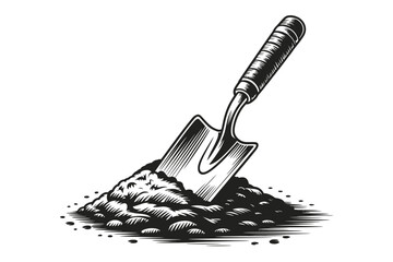 A vintage illustration of a gardening trowel partially buried in soil