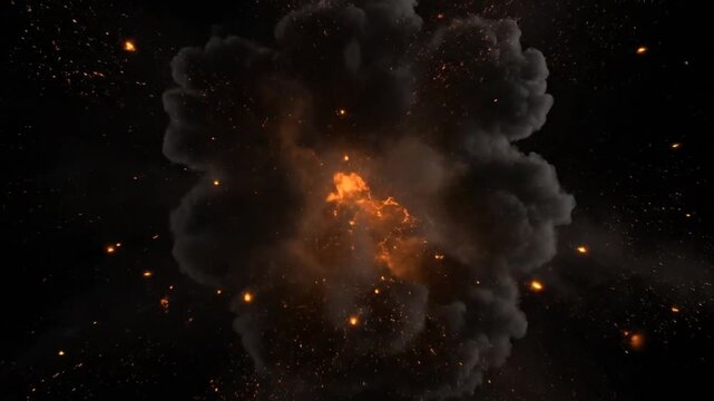 Fiery Explosion and Billowing Smoke Expanding with Sparks Against Black Background