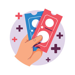 Hand holding event tickets with plus signs in a circular design