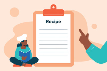 A chef pointing to a recipe on a large clipboard cooking illustration