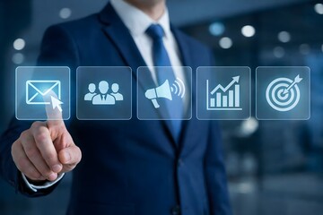 Email marketing communication concept with newsletter icons and business interface