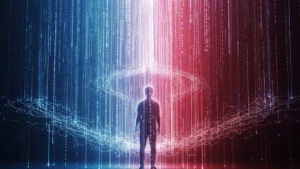 A silhouetted figure stands amidst digital rain flanked by blue and red light columns surrounded by swirling data streams