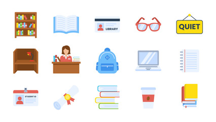 Library and Education Icon Set, Flat Vector Illustration of School Supplies, Book Collection, and University Student Elements