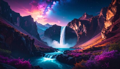 A breathtaking landscape reveals a cascading waterfall surrounded by towering cliffs and vibrant, purple flora under a colorful sky