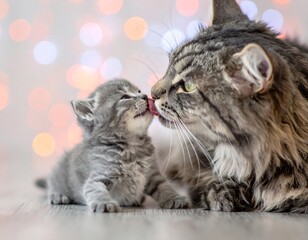 Loving mother cat gently grooms her tiny kitten