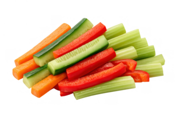 Fresh vegetable sticks for healthy snacking, including carrots, cucumbers, bell peppers, and celery, on transparent background