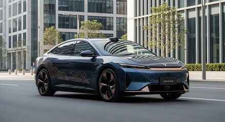 Naklejka premium A sleek blue car drives down a city street with modern buildings and greenery in the background