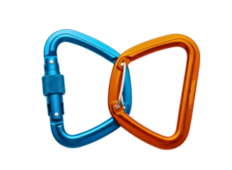 Two interlocking carabiners isolated on transparent background