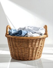 A sunlit scene of a wicker laundry basket overflowing with clean, folded clothes, placed on a tiled floor. The wall is pristine