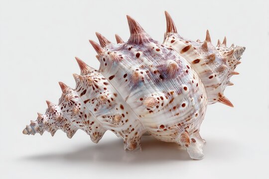 Close-up of a spiky, spiral-shaped sea shell on a clean white background