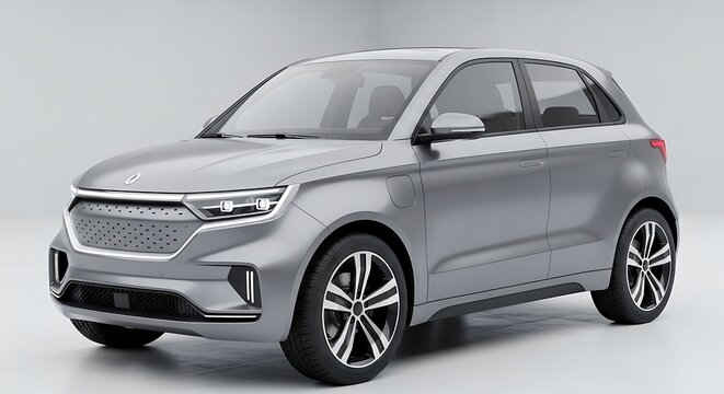 Modern silver SUV car showcased from a three-quarter view in a studio setting, highlighting its sleek design and features