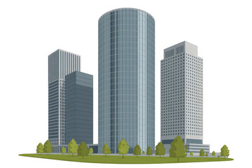 Obraz premium Modern cityscape with three glass skyscrapers buildings isolated on a transparent background