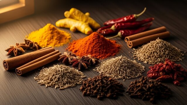Array of spices  seasonings turmeric chilis cinnamon star anise cumin seeds cloves  more all resting on a dark wooden surface
