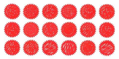Arrangement of red starburst shaped seals or labels in a grid pattern