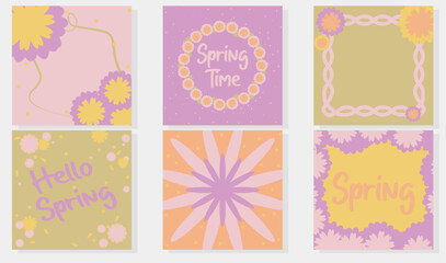 Playful Retro Spring Card Set with Flowers and Decorative Frames