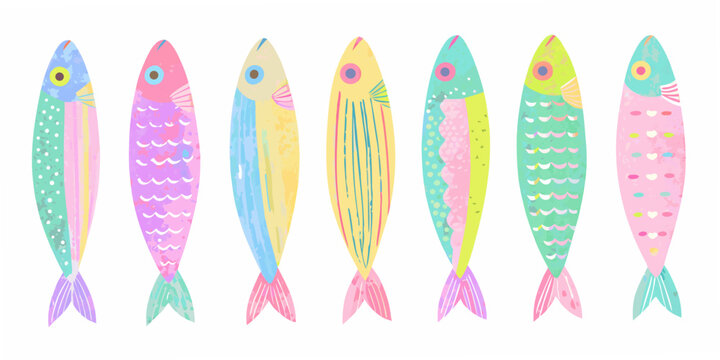 A colorful row of stylized fish illustrations on a white background