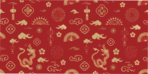 Naklejka premium A vibrant red background with traditional chinese symbols and motifs pattern