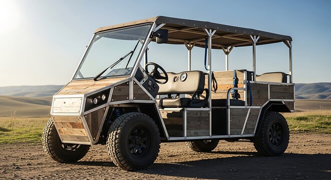 Luxury golf cart with tan seats and metal frame, parked on dirt terrain under clear blue sky