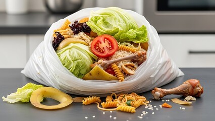 Bag of kitchen food waste with vegetables, pasta and bones