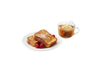 Two slices of French toast and a cup of tea set against a white background.

