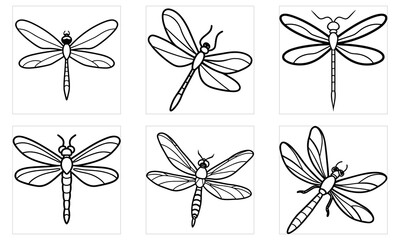 Six Stylized Outline Dragonflies with Thick Black Borders Inside Square Frames dragonfly insect
