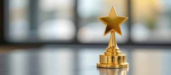 Golden star trophy on a table, symbolizing achievement and recognition.
