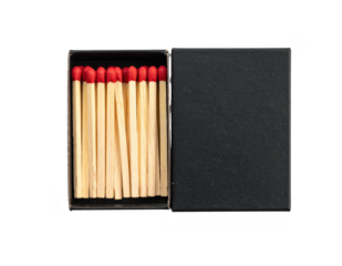 Open black matchbox with wooden matches showing red tips. Isolated on transparent background