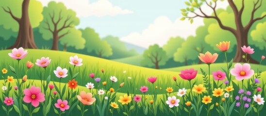 Colorful, vibrant flowers in a lush green landscape with trees under a clear sky.