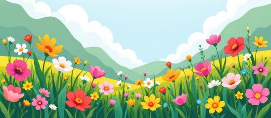 A vibrant field of colorful flowers against a blue sky and green hills.