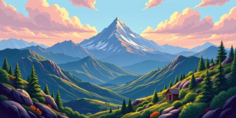 Majestic mountain landscape with a cabin and colorful clouds at sunset.