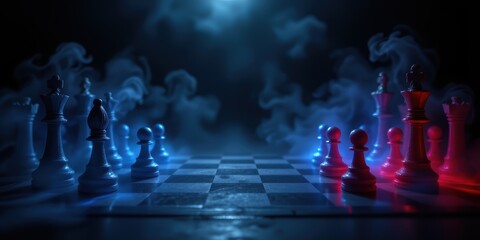 Mysterious chessboard scene with illuminated pieces and smoky atmosphere.